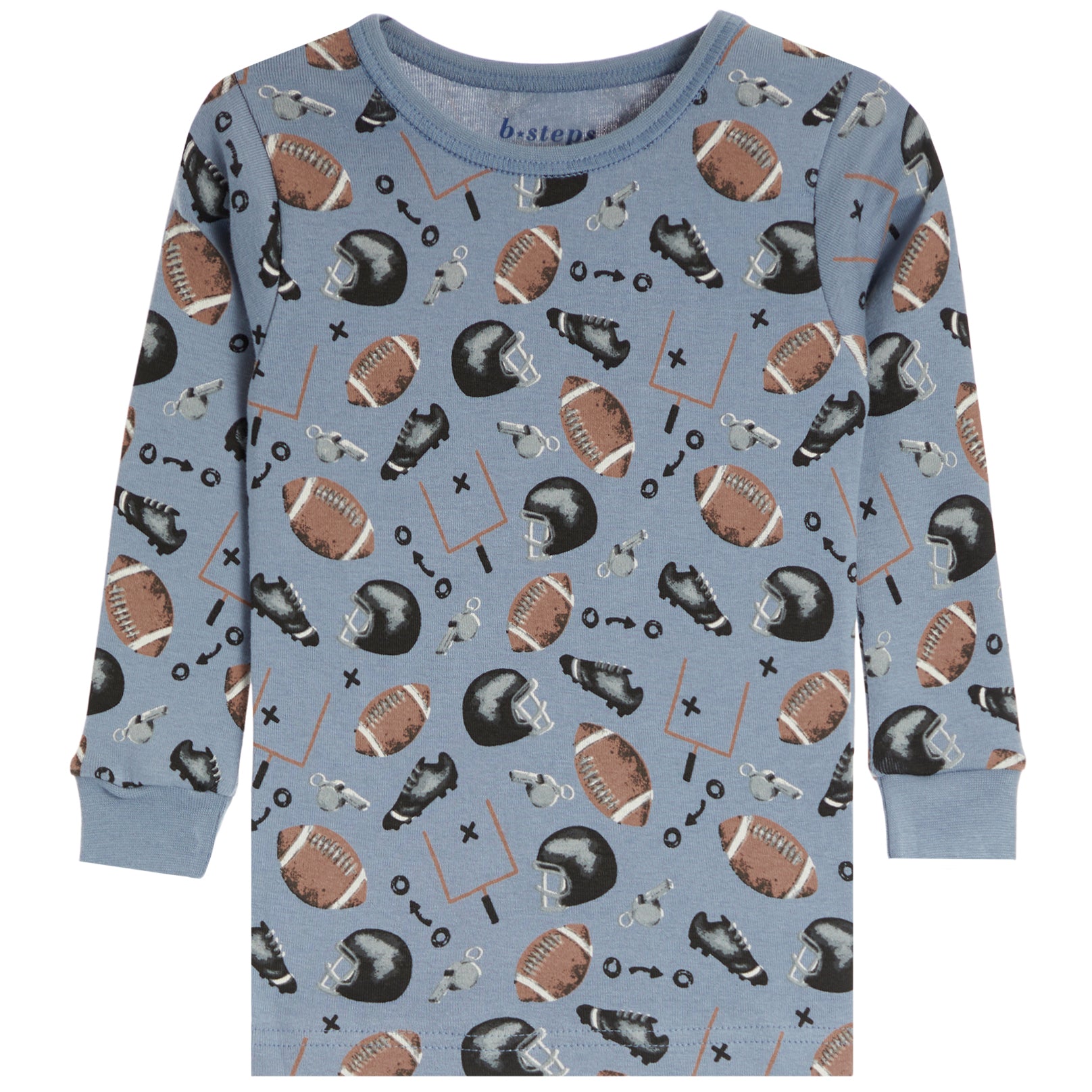 A light blue long-sleeve children's pajama shirt with an all-over football-themed print featuring brown and white footballs, black helmets, and football tackles on a white background.