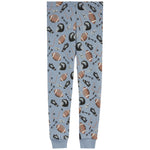 Light blue jogger pajama pants featuring an all-over print of footballs, helmets, tackles, and play-calls, with ribbed ankle cuffs.