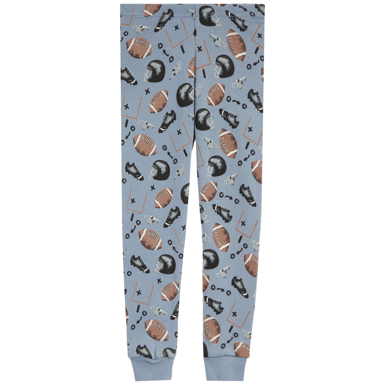 Light blue jogger pajama pants featuring an all-over print of footballs, helmets, tackles, and play-calls, with ribbed ankle cuffs.