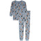A two-piece long-sleeve pajama set for kids, featuring a light blue base with an all-over football-themed print of helmets, balls, and tackles, shown on a plain white background.