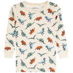 A cream-colored long-sleeve baby shirt by baby steps, featuring an all-over dinosaur print in shades of green, blue, and orange.