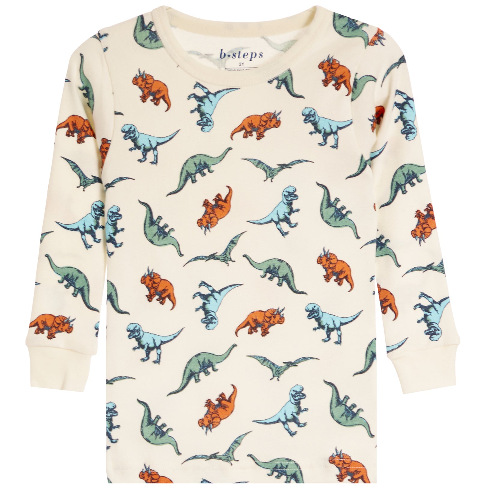 A cream-colored long-sleeve baby shirt by baby steps, featuring an all-over dinosaur print in shades of green, blue, and orange.