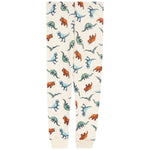 A pair of cream-colored sweatpants with an all-over dinosaur print in shades of blue, green, and orange, featuring ribbed cuffs at the bottom.