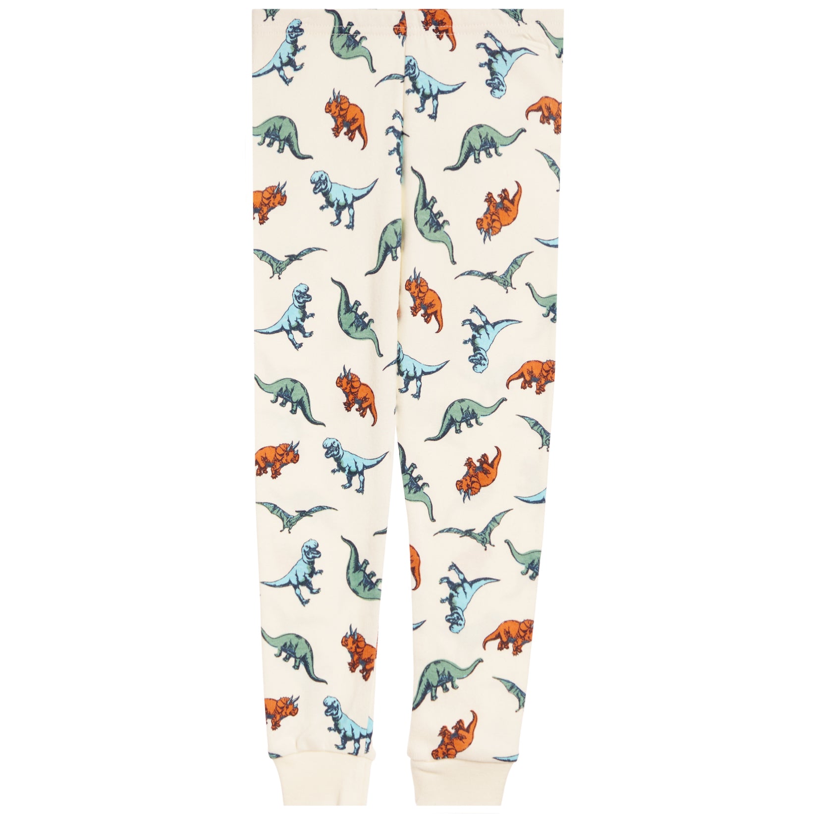 A pair of cream-colored sweatpants with an all-over dinosaur print in shades of blue, green, and orange, featuring ribbed cuffs at the bottom.