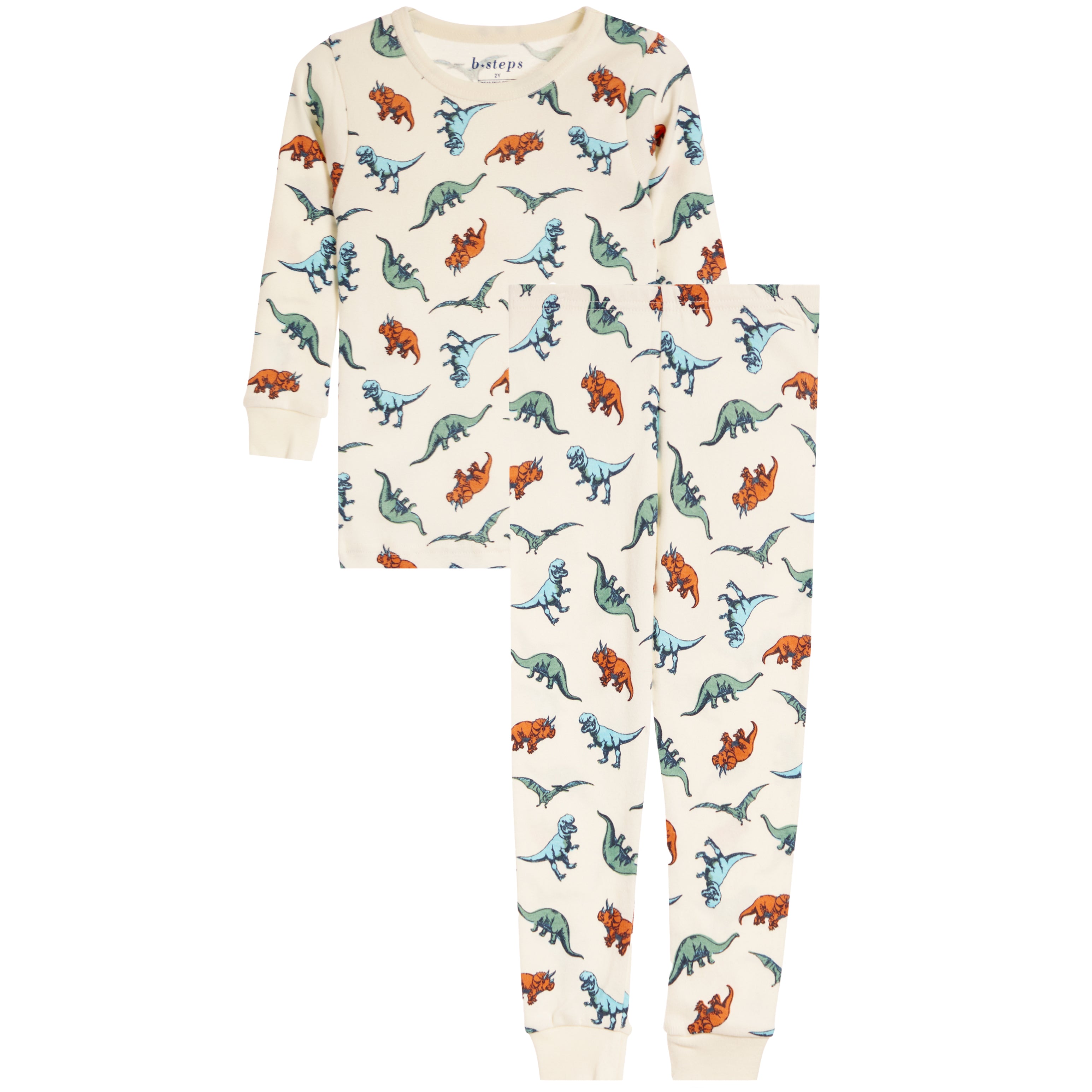 A two-piece children's pajama set  featuring a long-sleeve top and matching pants in cream with an all-over colorful dinosaur print.