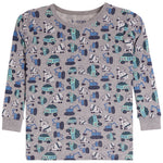 A children's long-sleeve crewneck shirt in heather gray, featuring an allover print of construction vehicles including dump trucks, excavators, and cranes in blue, teal, black, and white. The brand name 'b-steps' is printed inside the collar.