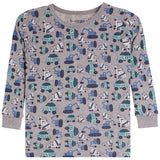A children's long-sleeve crewneck shirt in heather gray, featuring an allover print of construction vehicles including dump trucks, excavators, and cranes in blue, teal, black, and white. The brand name 'b-steps' is printed inside the collar.
