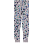 Gray jogger pants with an all-over construction vehicle print in blue, teal, and black, featuring ribbed ankle cuffs.