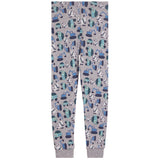 Gray jogger pants with an all-over construction vehicle print in blue, teal, and black, featuring ribbed ankle cuffs.