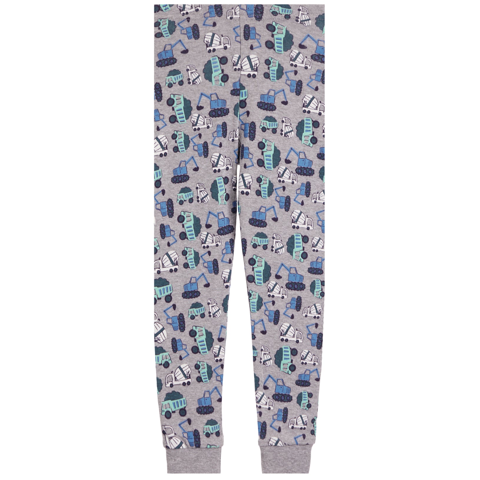 Gray jogger pants with an all-over construction vehicle print in blue, teal, and black, featuring ribbed ankle cuffs.