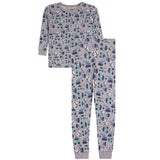 A two-piece children's pajama set featuring a long-sleeve top and matching pants in a light gray base with an all-over print of blue, teal, and white construction vehicles and tools.