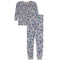 A two-piece children's pajama set featuring a long-sleeve top and matching pants in a light gray base with an all-over print of blue, teal, and white construction vehicles and tools.