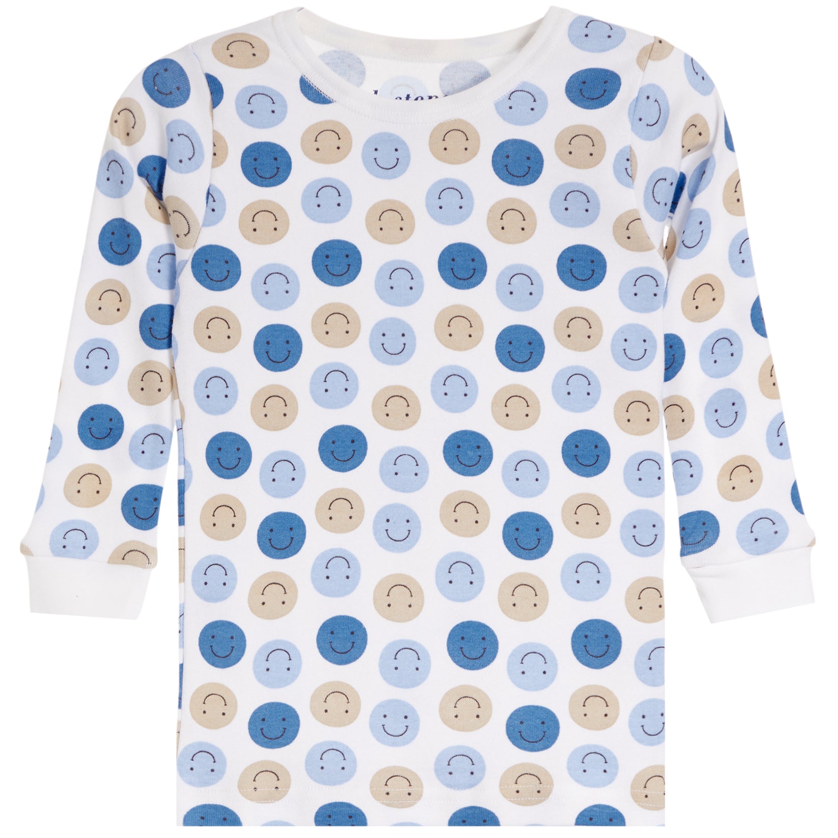 A long-sleeve baby shirt with a white base and an all-over pattern of smiling face circles in shades of blue and beige.
