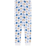 White jogger pants with an allover pattern of smiling face circles in shades of blue and beige, featuring white ribbed cuffs at the ankles.