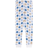 White jogger pants with an allover pattern of smiling face circles in shades of blue and beige, featuring white ribbed cuffs at the ankles.