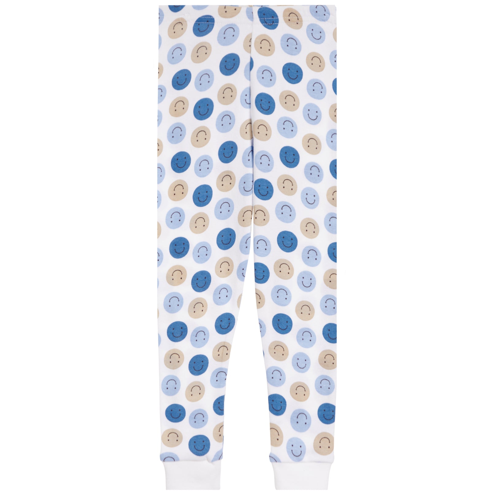 White jogger pants with an allover pattern of smiling face circles in shades of blue and beige, featuring white ribbed cuffs at the ankles.