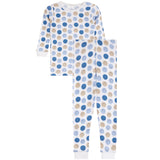 A two-piece children's pajama set featuring a long-sleeve top and matching pants, both printed with a pattern of blue, light blue, and beige smiley faces on a white background.