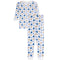 A two-piece children's pajama set featuring a long-sleeve top and matching pants, both printed with a pattern of blue, light blue, and beige smiley faces on a white background.