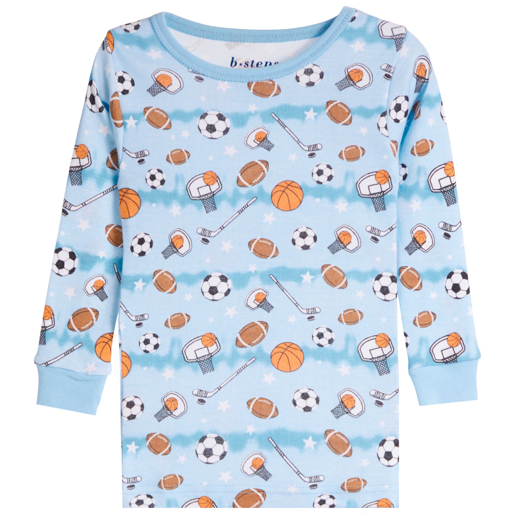 A light blue long-sleeve children's shirt with an all-over sports print featuring basketballs, footballs, soccer balls, hockey pucks, and hockey sticks.