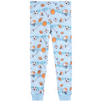 Light blue children's sweatpants with an all-over sports-themed print featuring soccer balls, basketballs, footballs, hockey pucks, skates, and stars.