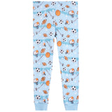 Light blue children's sweatpants with an all-over sports-themed print featuring soccer balls, basketballs, footballs, hockey pucks, skates, and stars.