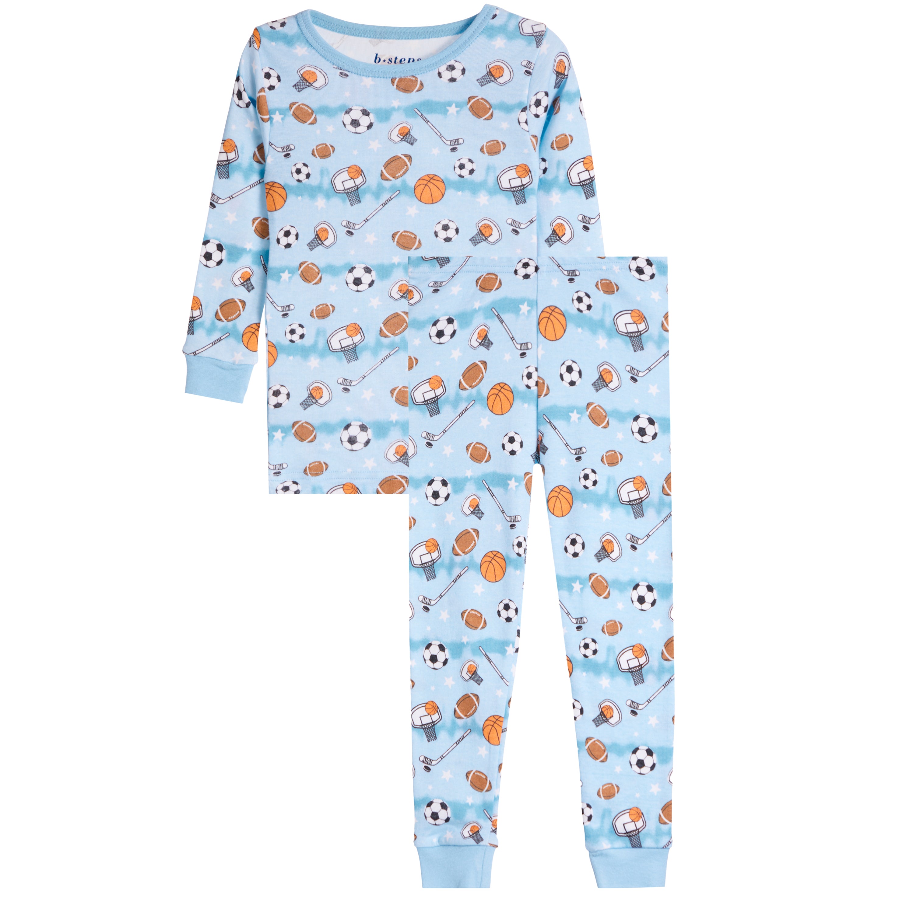 A two-piece children's pajama set with a light blue background and an all-over sports print featuring soccer balls, basketballs, footballs, and a basketball hoop. The set includes a long-sleeve top and matching pants, shown against a plain white background.