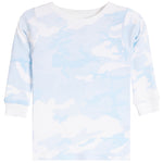 A long-sleeve crewneck shirt with a light blue and white camouflage pattern, shown flat against a white background.
