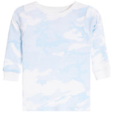 A long-sleeve crewneck shirt with a light blue and white camouflage pattern, shown flat against a white background.