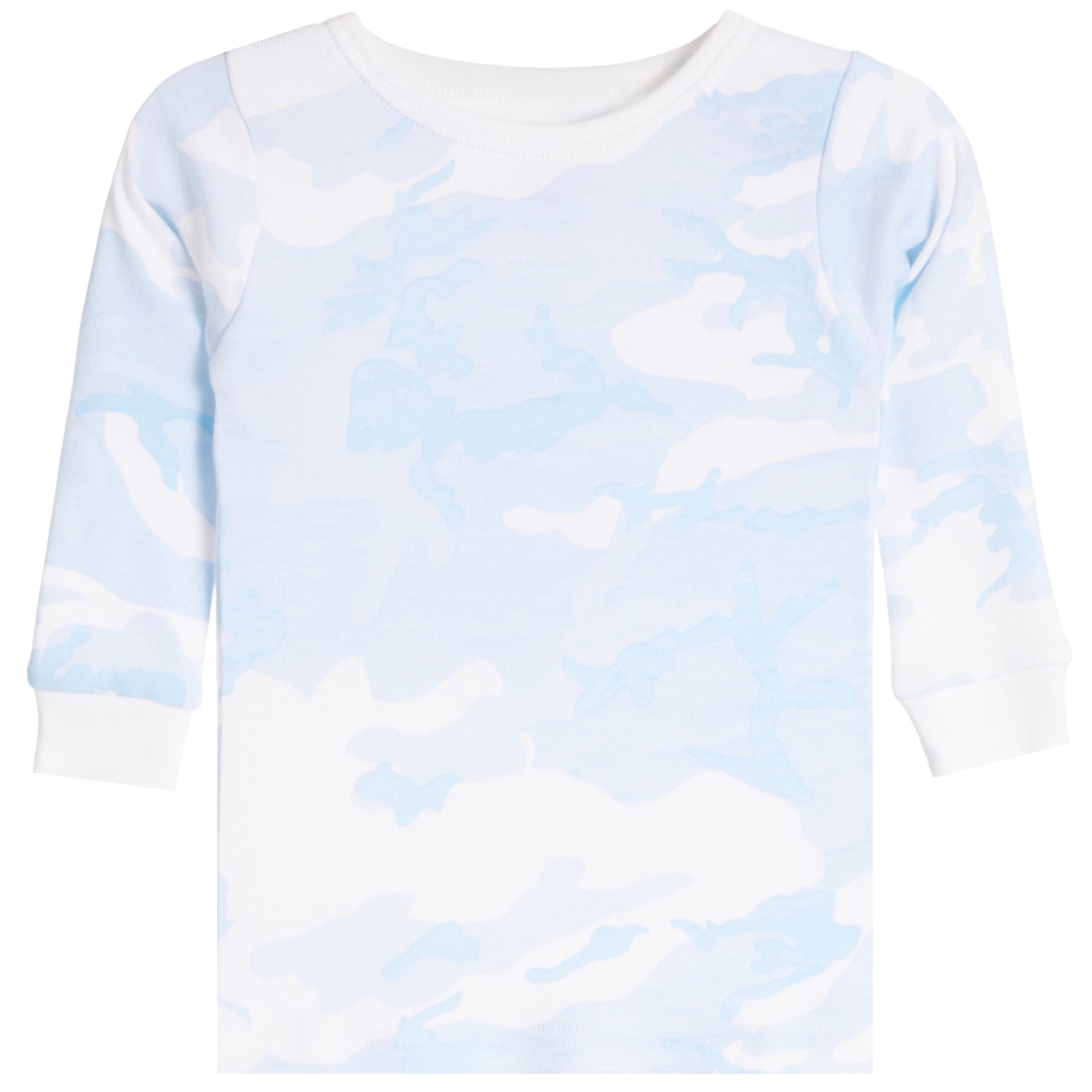A long-sleeve crewneck shirt with a light blue and white camouflage pattern, shown flat against a white background.