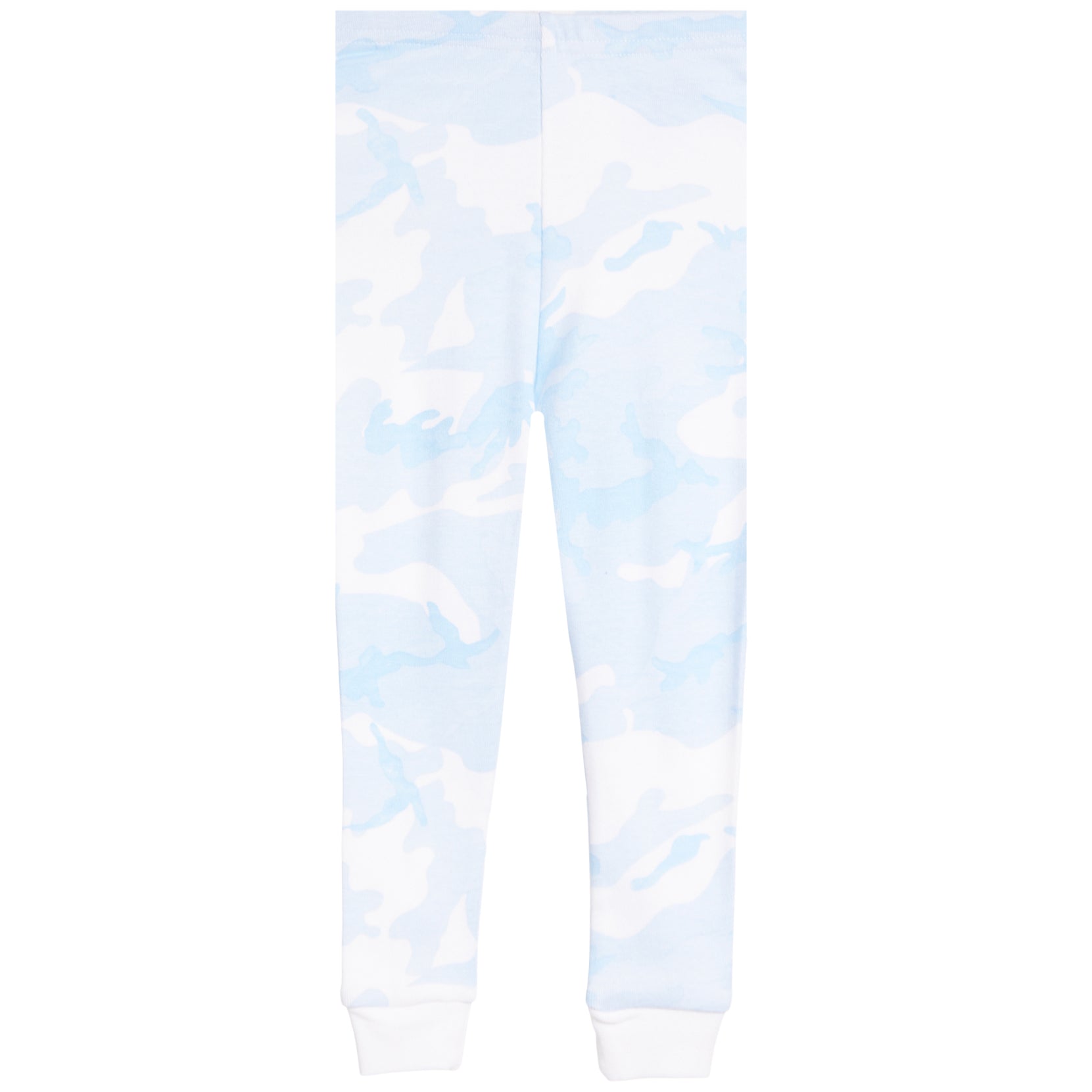 Light blue and white camouflage jogger pants with ribbed cuffs, shown flat against a white background.