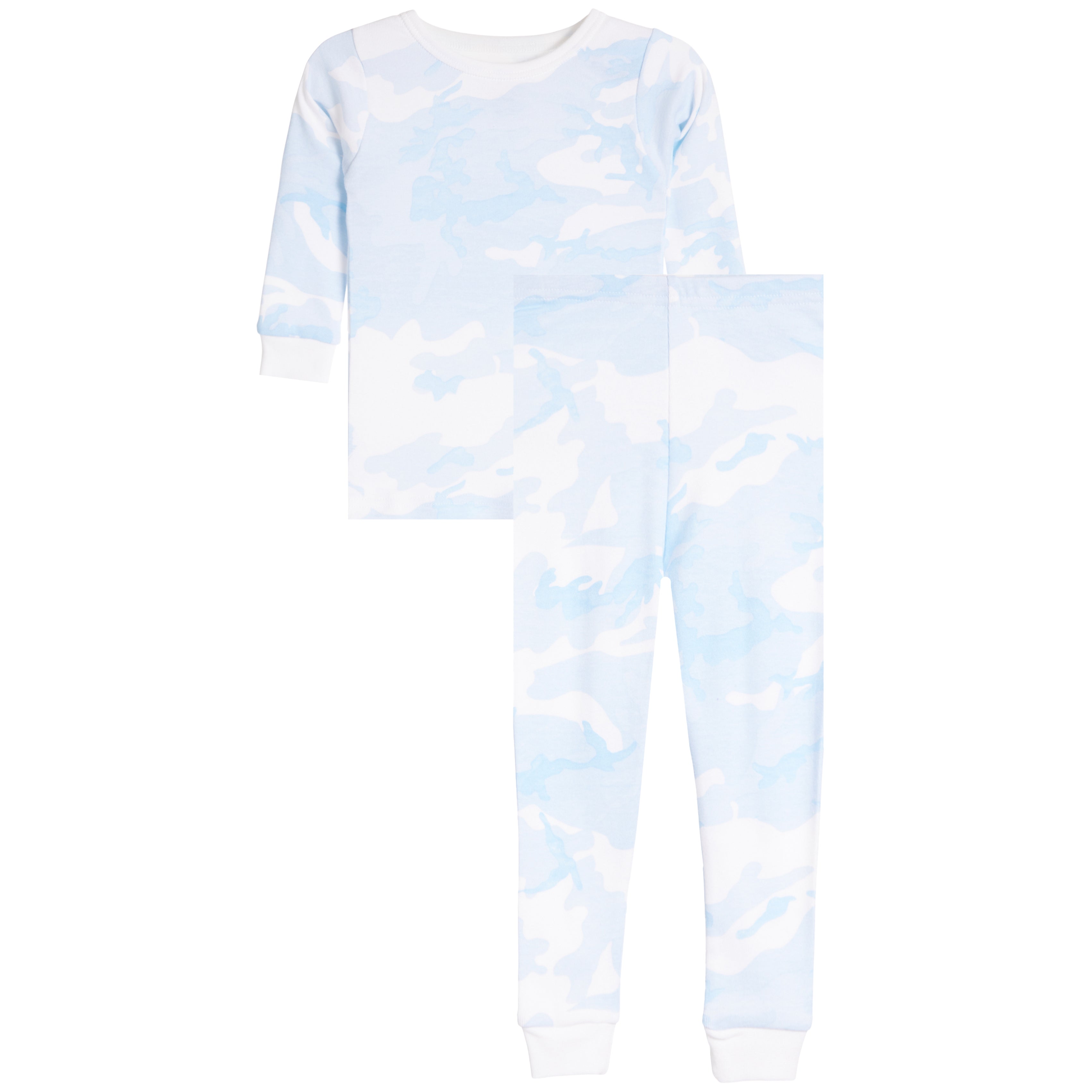 A two-piece children's pajama set featuring a long-sleeve top and matching pants in a light blue and white camouflage pattern, shown on a plain white background.