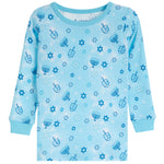 A light blue long-sleeve waffle-knit pajama top with a festive Hanukkah pattern featuring dreidels, menorahs, and stars in various shades of blue.