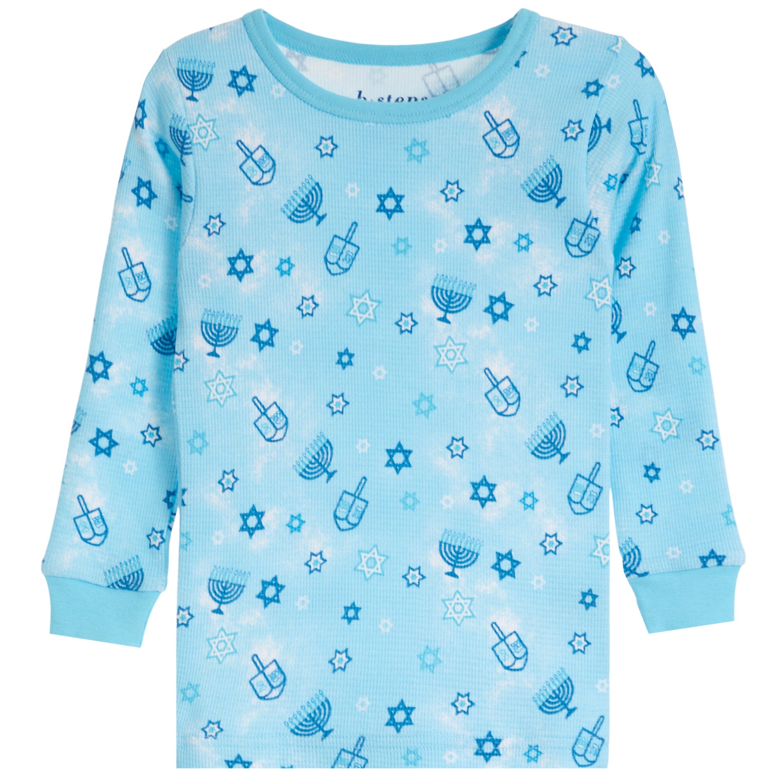 A light blue long-sleeve waffle-knit pajama top with a festive Hanukkah pattern featuring dreidels, menorahs, and stars in various shades of blue.