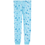 Light blue jogger pants with a repeating pattern of dreidels, stars, and snowflakes in various shades of blue, shown flat against a white background.
