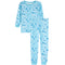 A two-piece children's pajama set in light blue, featuring a long-sleeve top and matching pants with an all-over print of dreidels cones, stars, and flowers in medium blue.