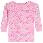 A pink long-sleeve crewneck shirt for toddlers, featuring an all-over pattern of hand-drawn hearts in various shades of pink, magenta, and light blue.