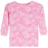 A pink long-sleeve crewneck shirt for toddlers, featuring an all-over pattern of hand-drawn hearts in various shades of pink, magenta, and light blue.