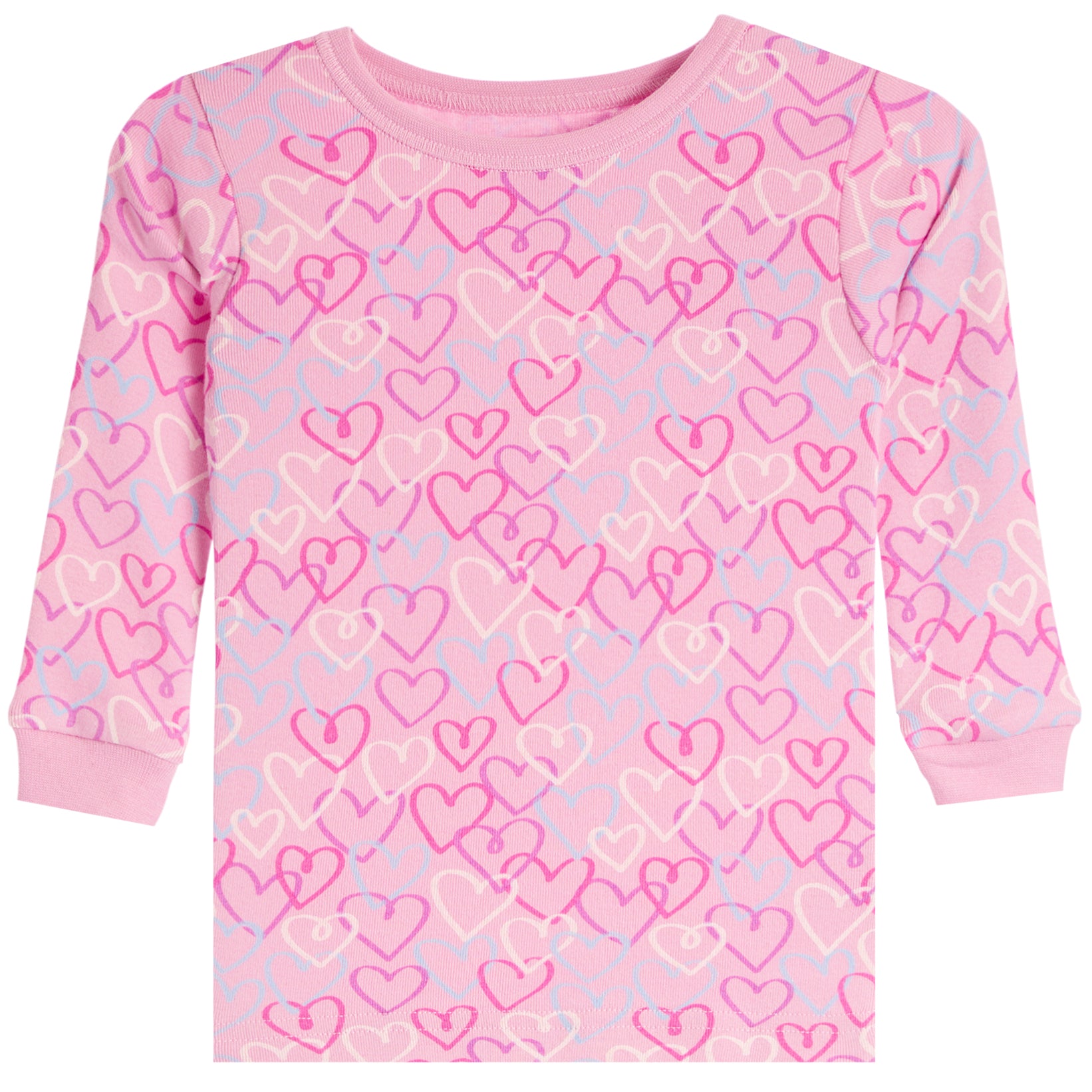 A pink long-sleeve crewneck shirt for toddlers, featuring an all-over pattern of hand-drawn hearts in various shades of pink, magenta, and light blue.