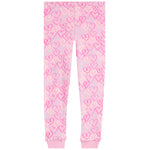 Pink leggings with an all-over heart pattern in various shades of pink and light blue, featuring ribbed cuffs at the ankles.