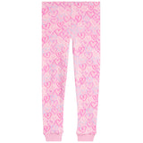 Pink leggings with an all-over heart pattern in various shades of pink and light blue, featuring ribbed cuffs at the ankles.