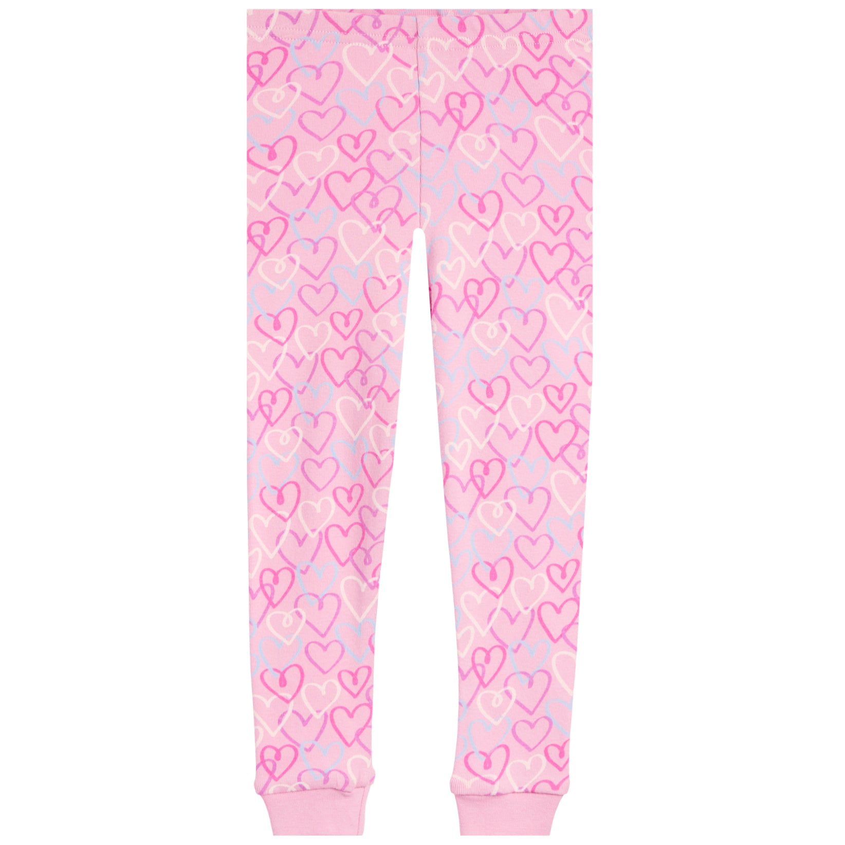 Pink leggings with an all-over heart pattern in various shades of pink and light blue, featuring ribbed cuffs at the ankles.