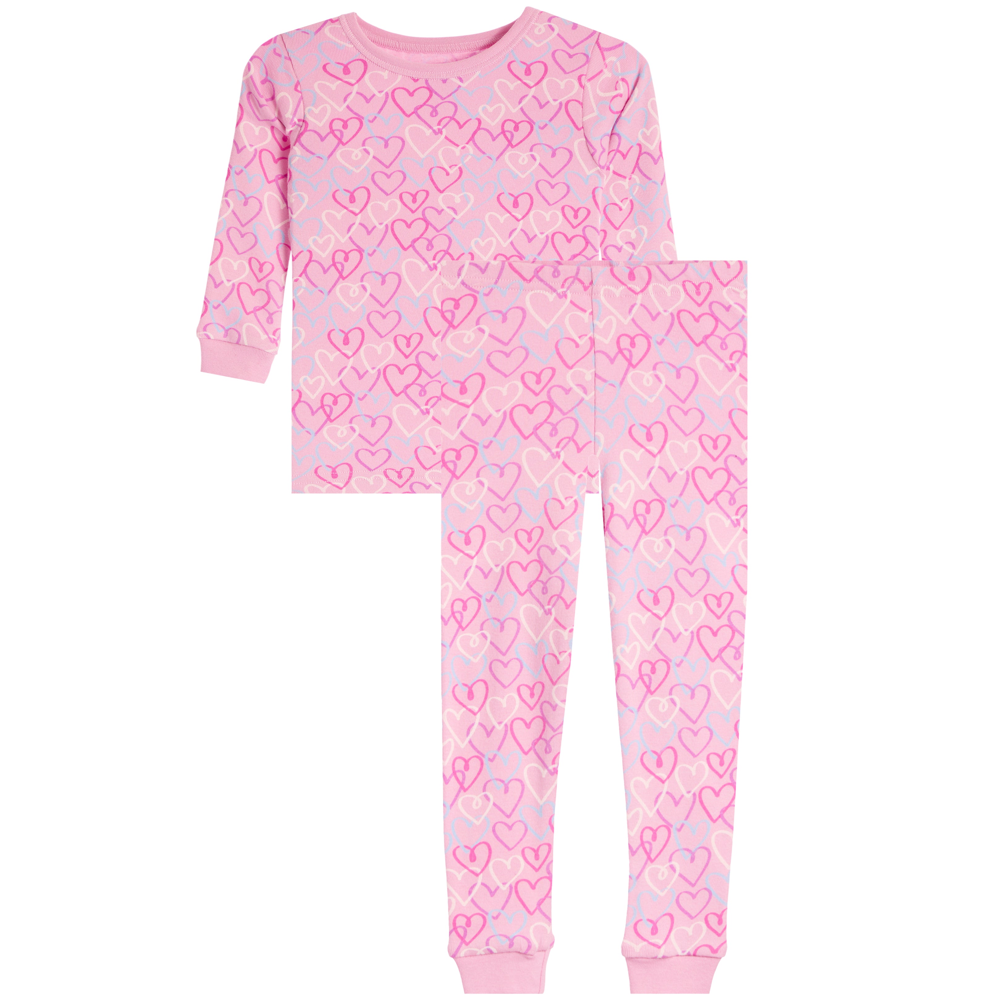 A two-piece children's pajama set featuring a long-sleeve top and matching pants in light pink, covered in an all-over pattern of darker pink hearts, on a solid white background.