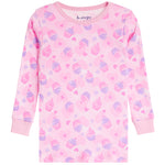 A pink long-sleeve pajama top with an all-over print of pink and purple cupcakes and small hearts, featuring ribbed cuffs and a crew neck.