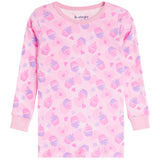 A pink long-sleeve pajama top with an all-over print of pink and purple cupcakes and small hearts, featuring ribbed cuffs and a crew neck.