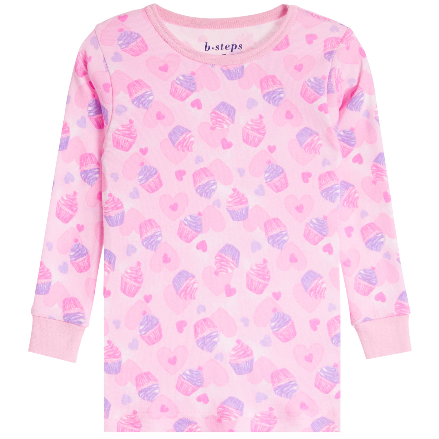 A pink long-sleeve pajama top with an all-over print of pink and purple cupcakes and small hearts, featuring ribbed cuffs and a crew neck.