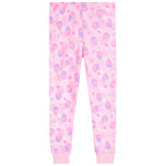 Pink leggings with a watercolor-style print of purple and pink cupcakes and hearts, featuring ribbed cuffs at the ankles.