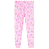 Pink leggings with a watercolor-style print of purple and pink cupcakes and hearts, featuring ribbed cuffs at the ankles.