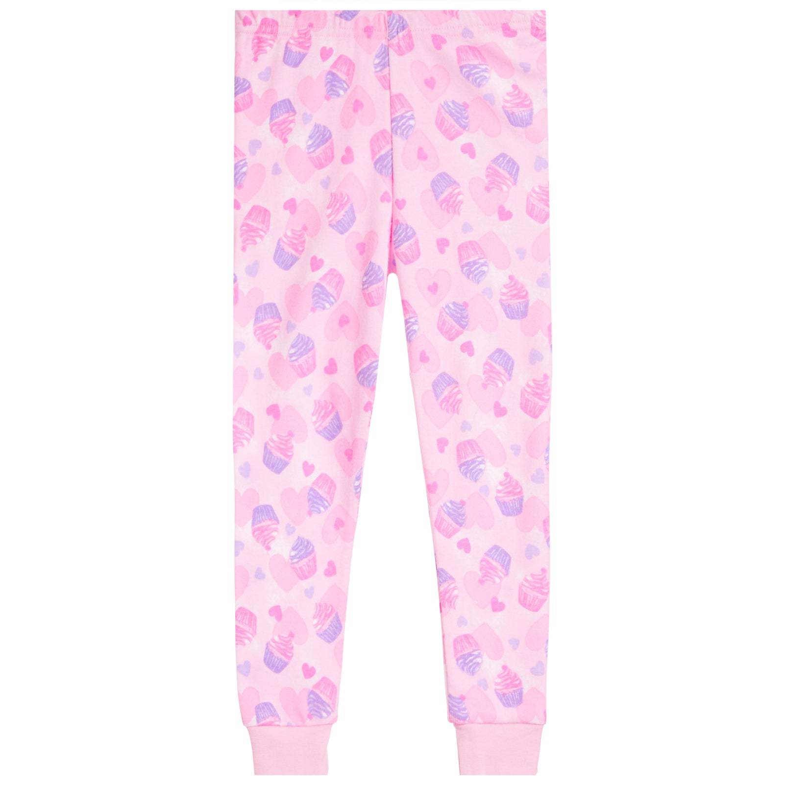 Pink leggings with a watercolor-style print of purple and pink cupcakes and hearts, featuring ribbed cuffs at the ankles.