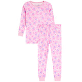 A two-piece children's pajama set, featuring a long-sleeve top and matching pants in light pink with a repeating pattern of purple and darker pink cupcakes and hearts, set against a plain white background.