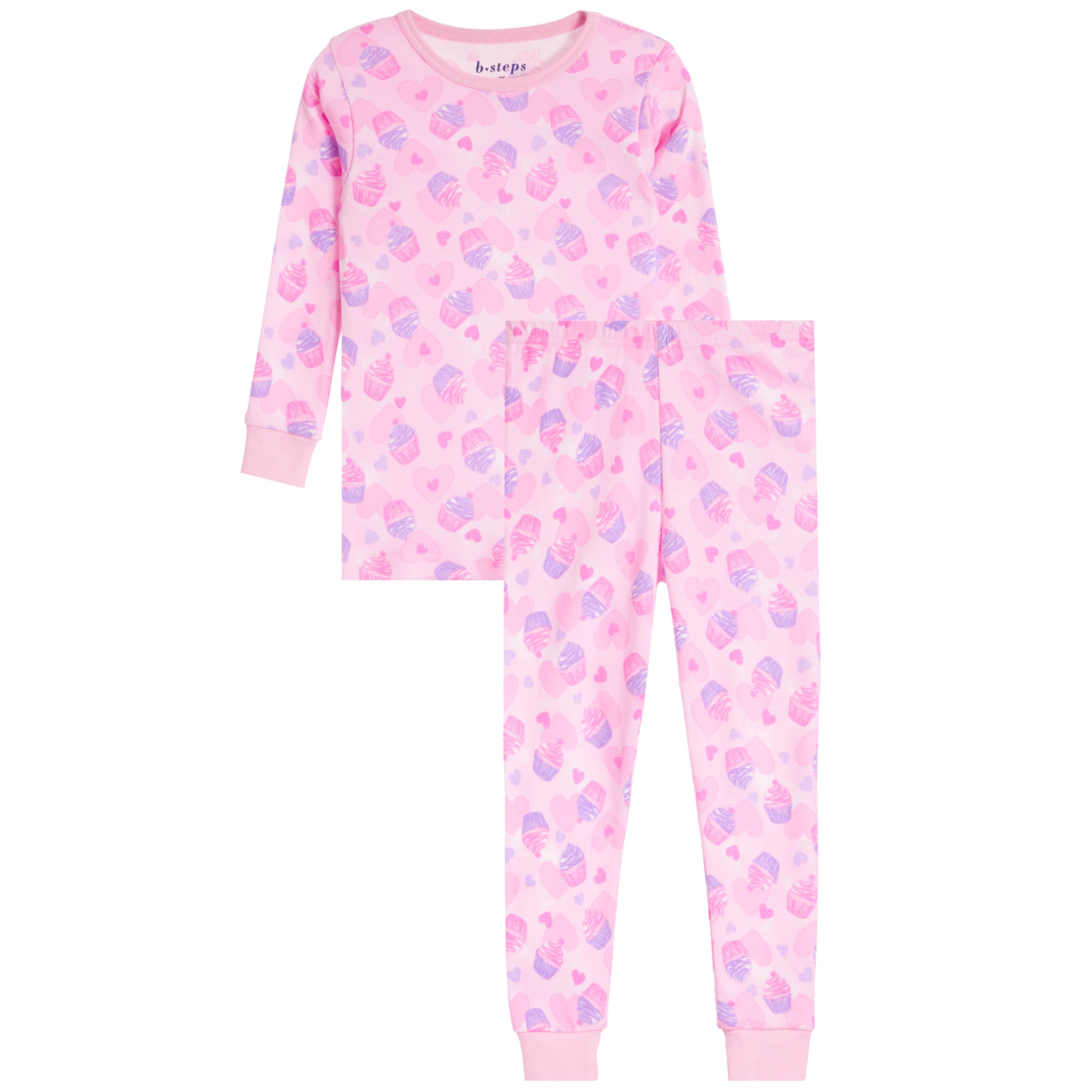 A two-piece children's pajama set, featuring a long-sleeve top and matching pants in light pink with a repeating pattern of purple and darker pink cupcakes and hearts, set against a plain white background.